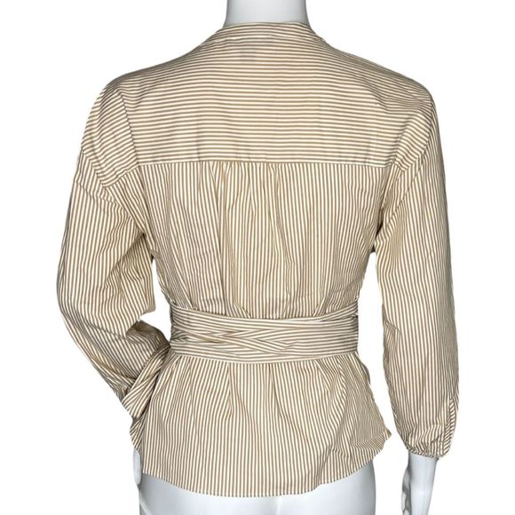J. Crew Shirt Women Small Petite Wrap Blouse Brown Stripe Mandarin Collar Belted - Picture 4 of 6